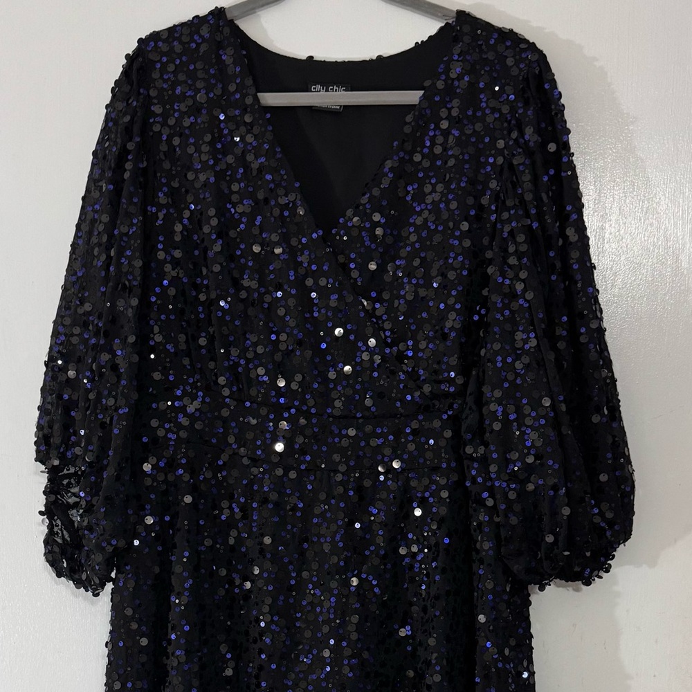 City Chic Black Sequin Wrap Dress with Blue Accents
